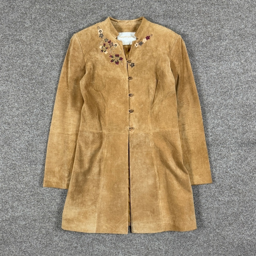 Margaret Godfrey Tan Suede Leather Coat Women’s 6 Embroidered Florals Mid Length